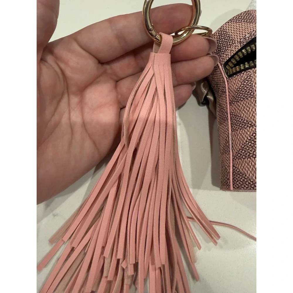 Pink Faux Leather Tassel Keychain Coin Pouch, Geometric Pattern, Zipper